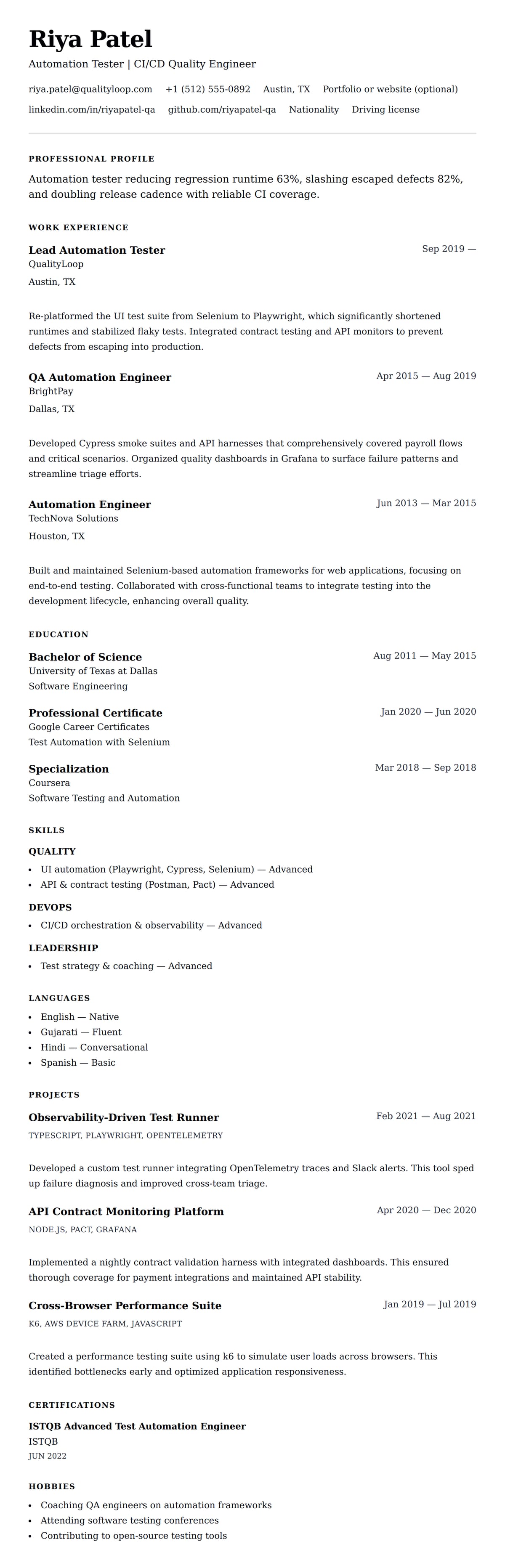 Resume preview for Automation Tester Resume Example