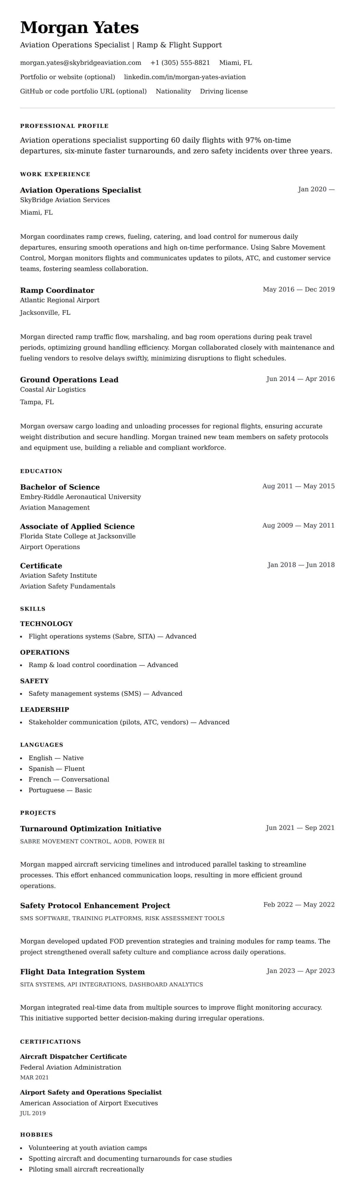 Resume preview for Aviation Operations Specialist Resume Example