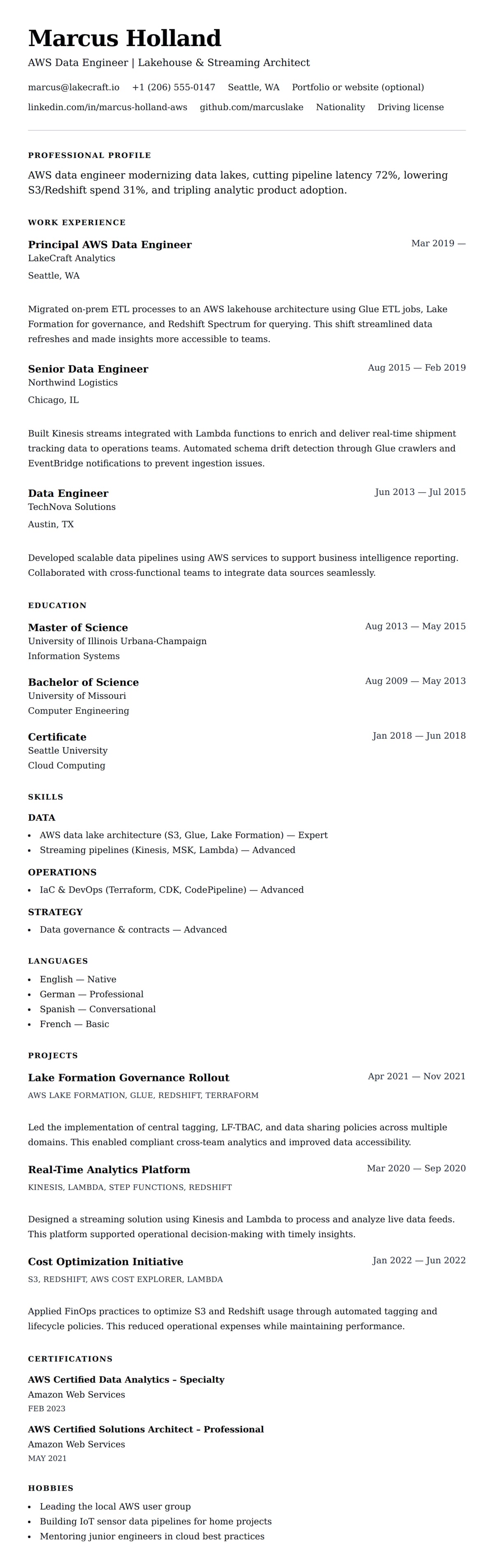 Resume preview for AWS Data Engineer Resume Example