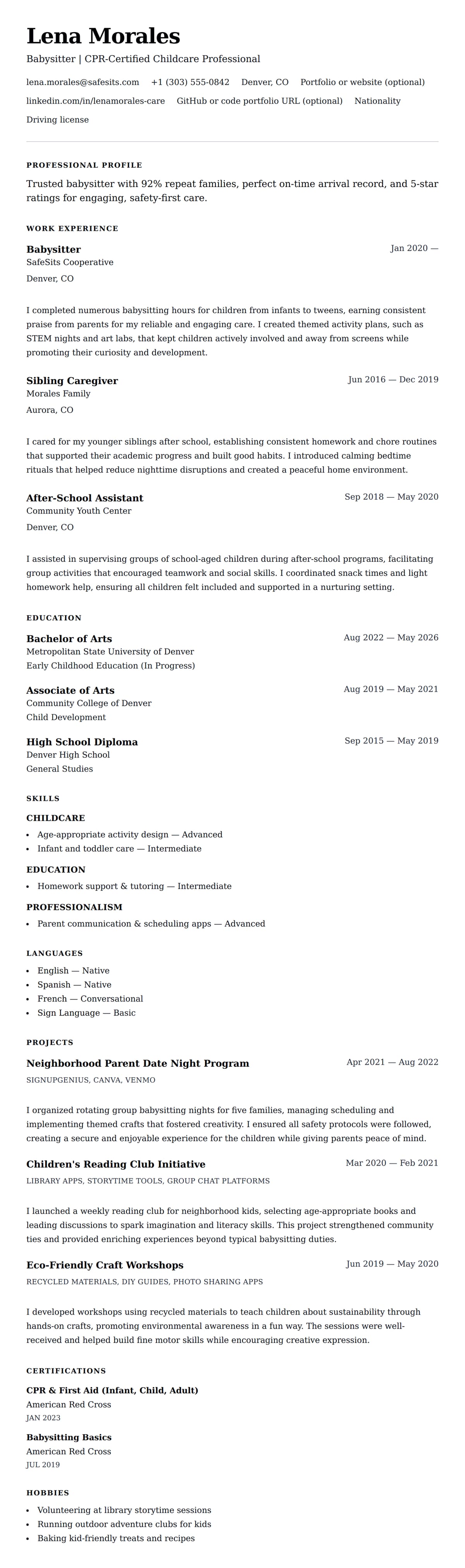 Resume preview for Babysitter Resume Example