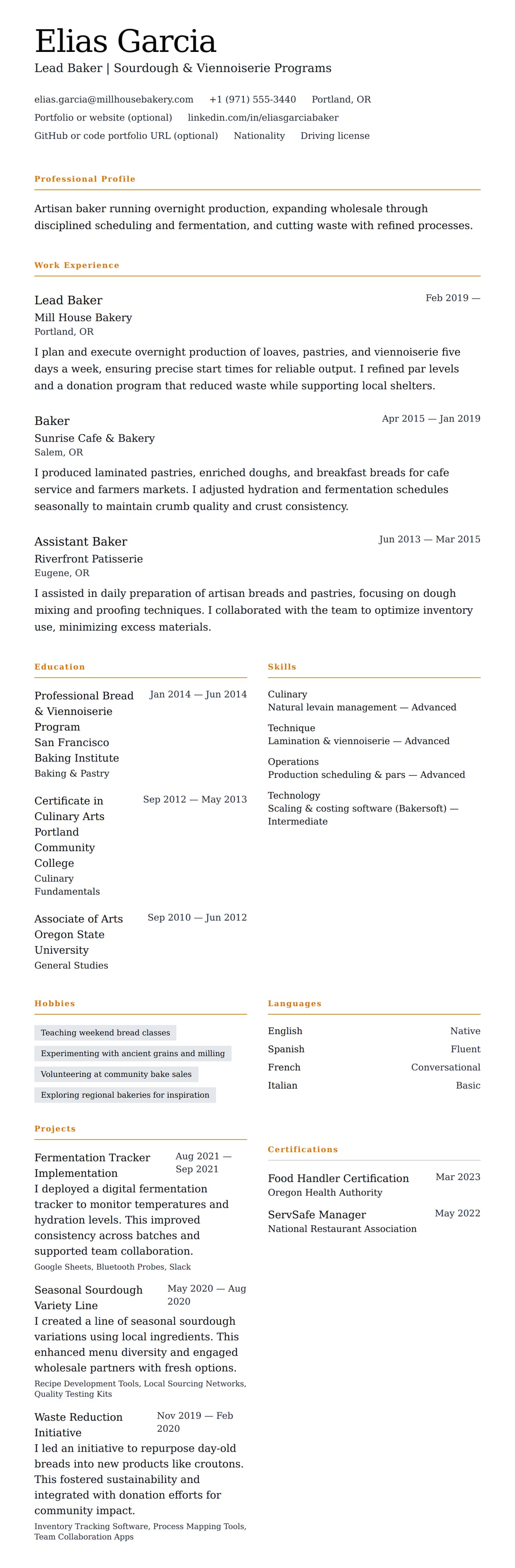 Resume preview for Baker Resume Example