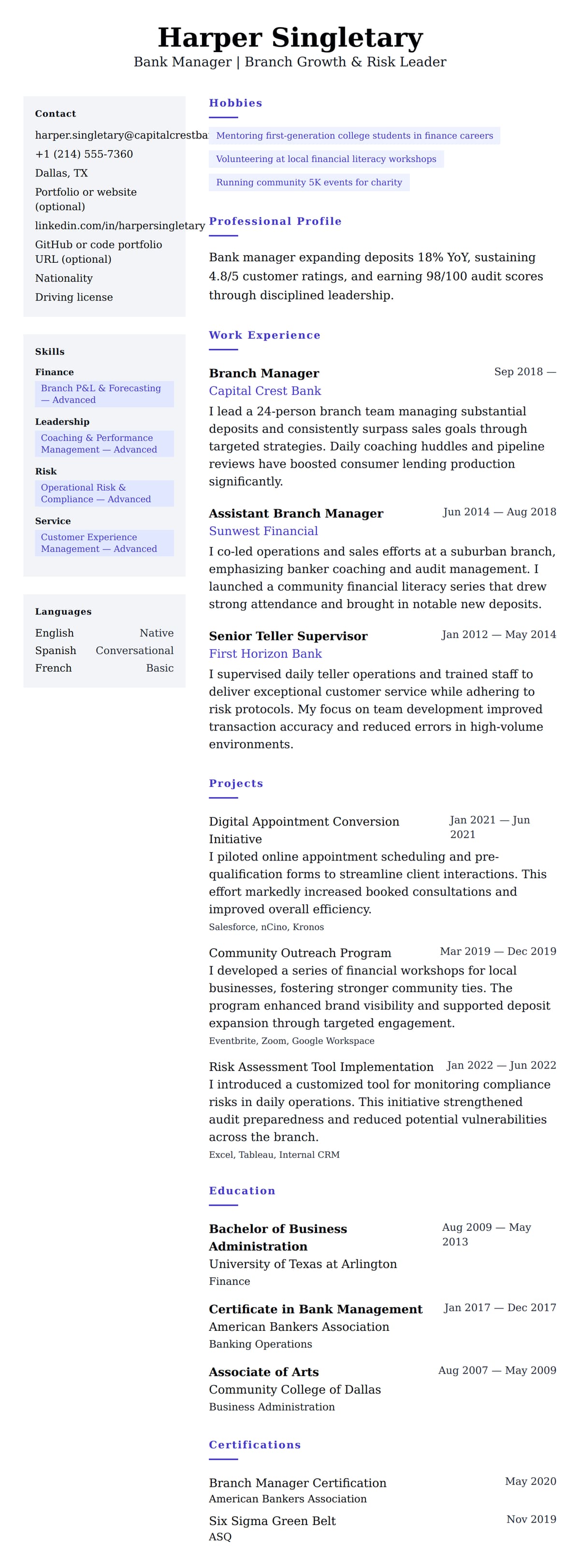 Resume preview for Bank Manager Resume Example