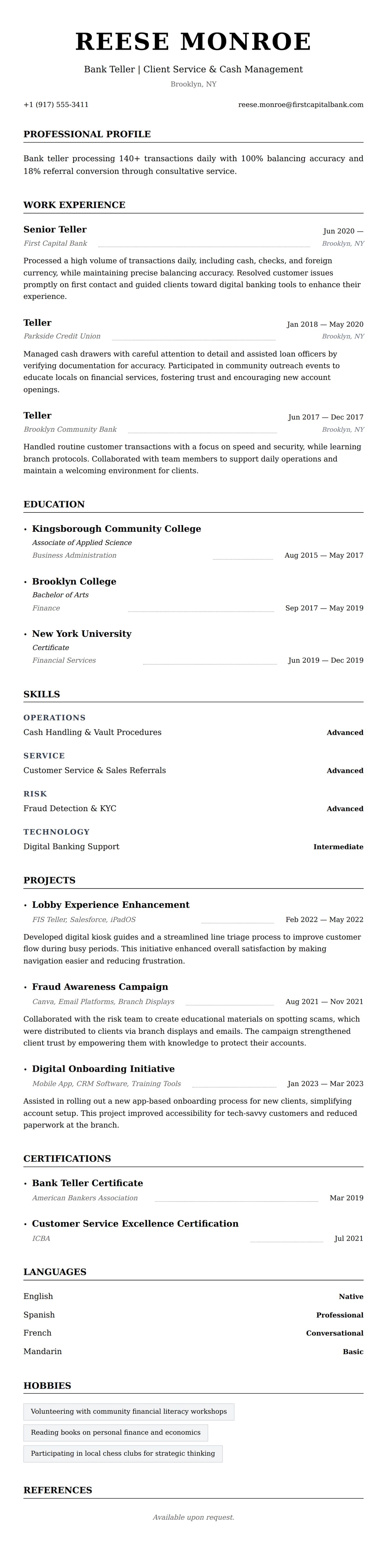 Resume preview for Bank Teller Resume Example