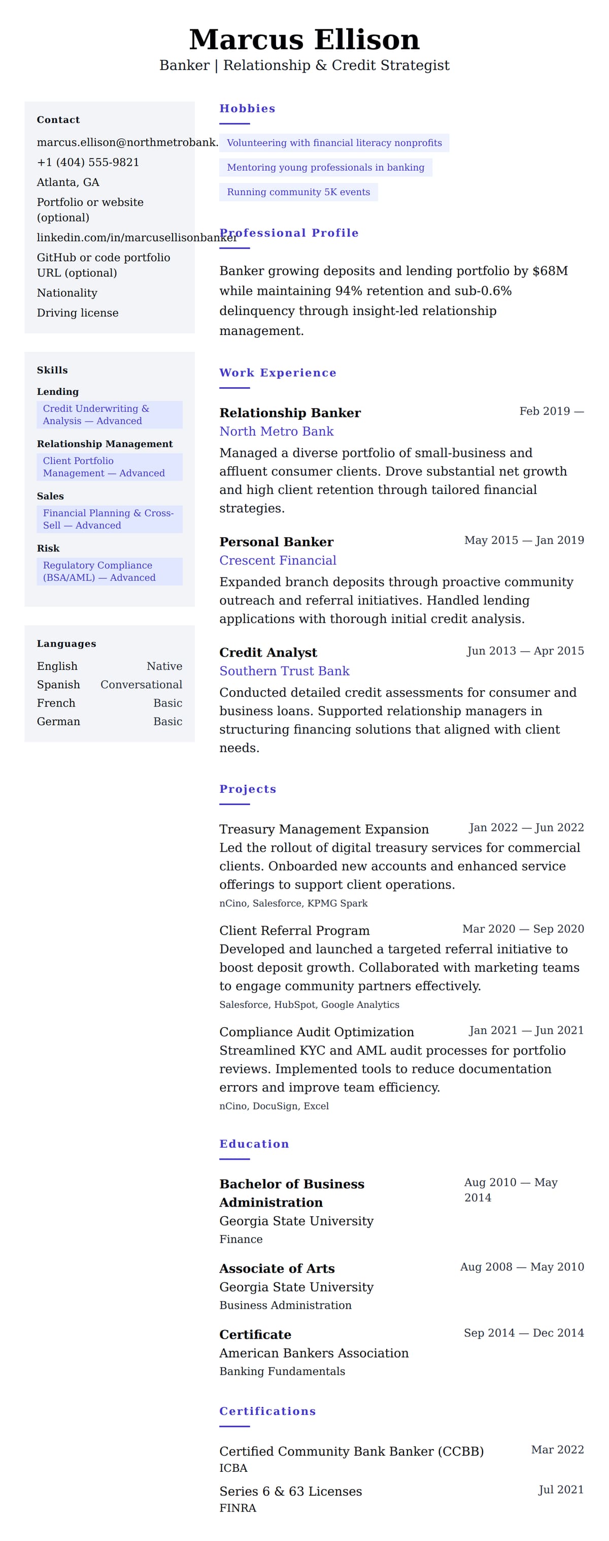 Resume preview for Banker Resume Example