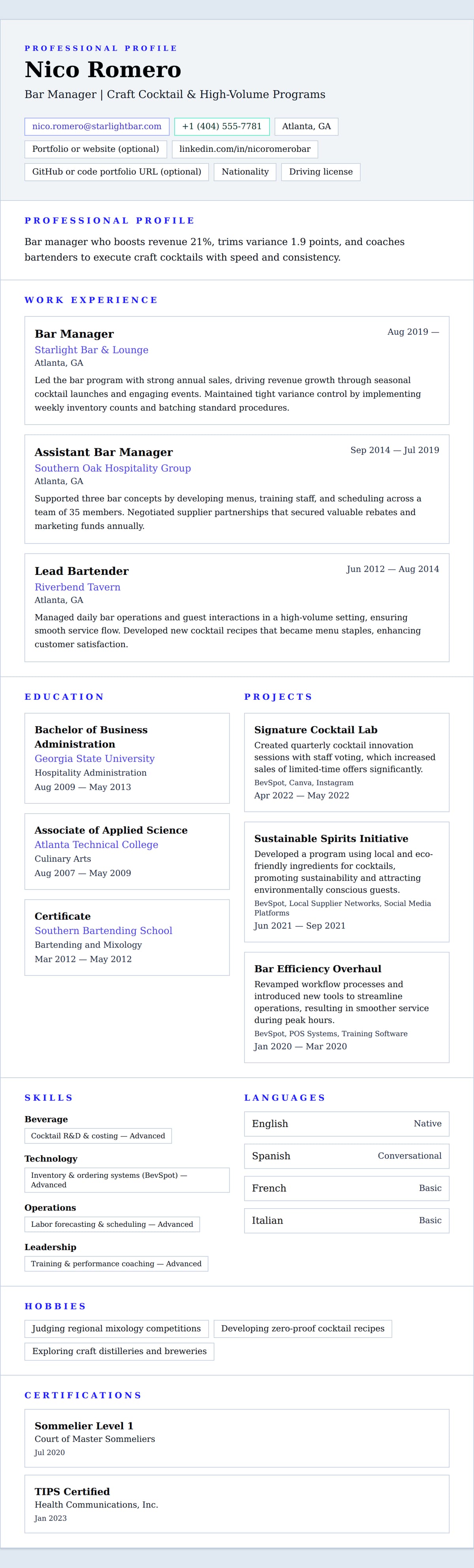 Resume preview for Bar Manager Resume Example