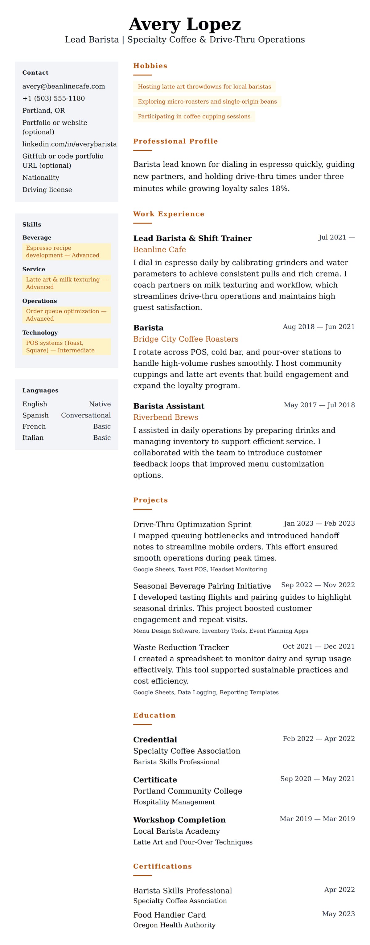Resume preview for Barista Resume Example
