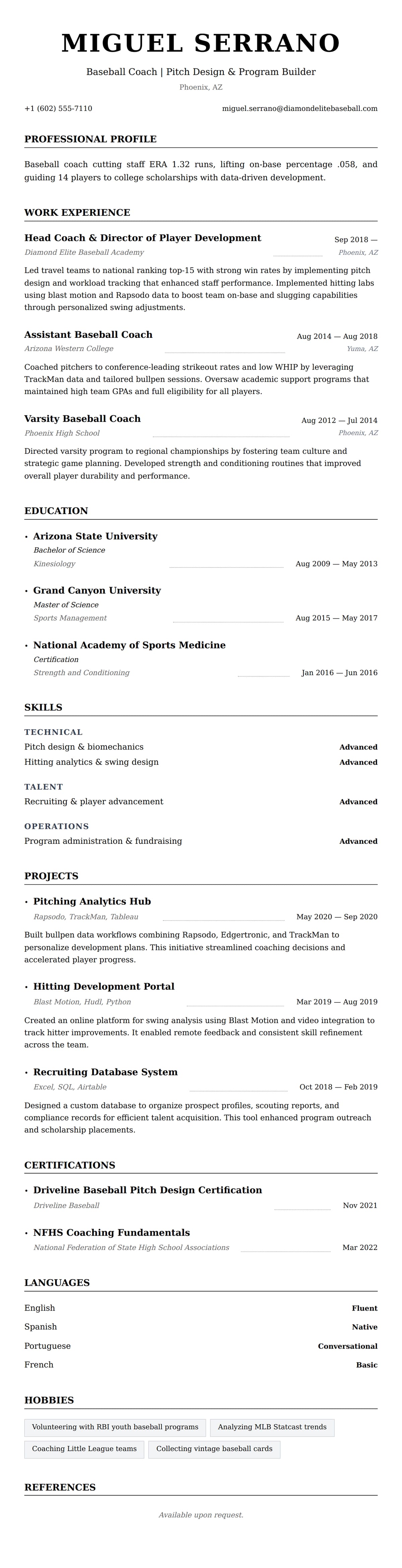 Resume preview for Baseball Coach Resume Example