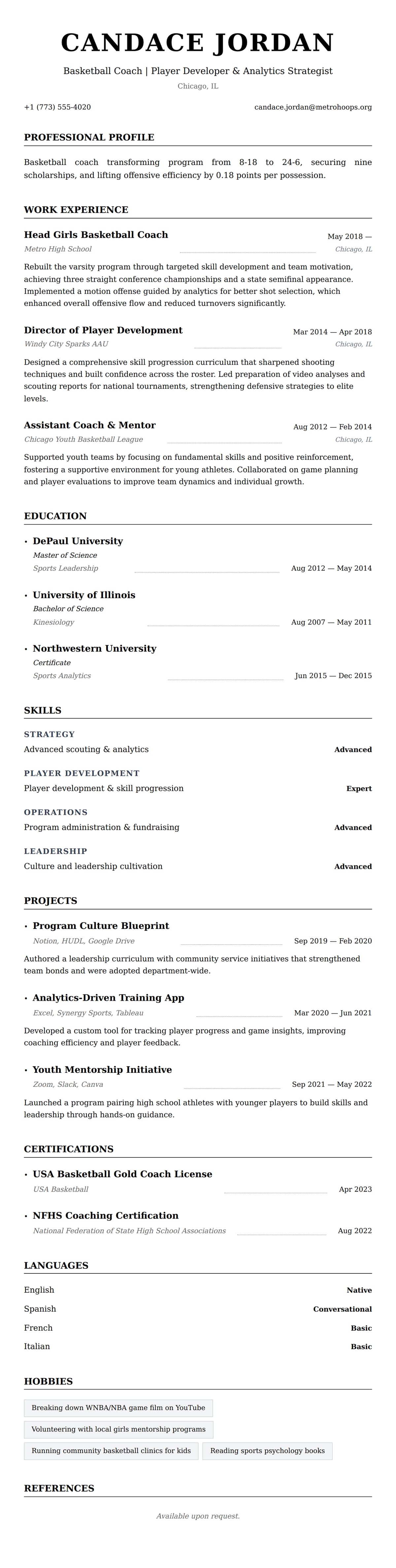 Resume preview for Basketball Coach Resume Example