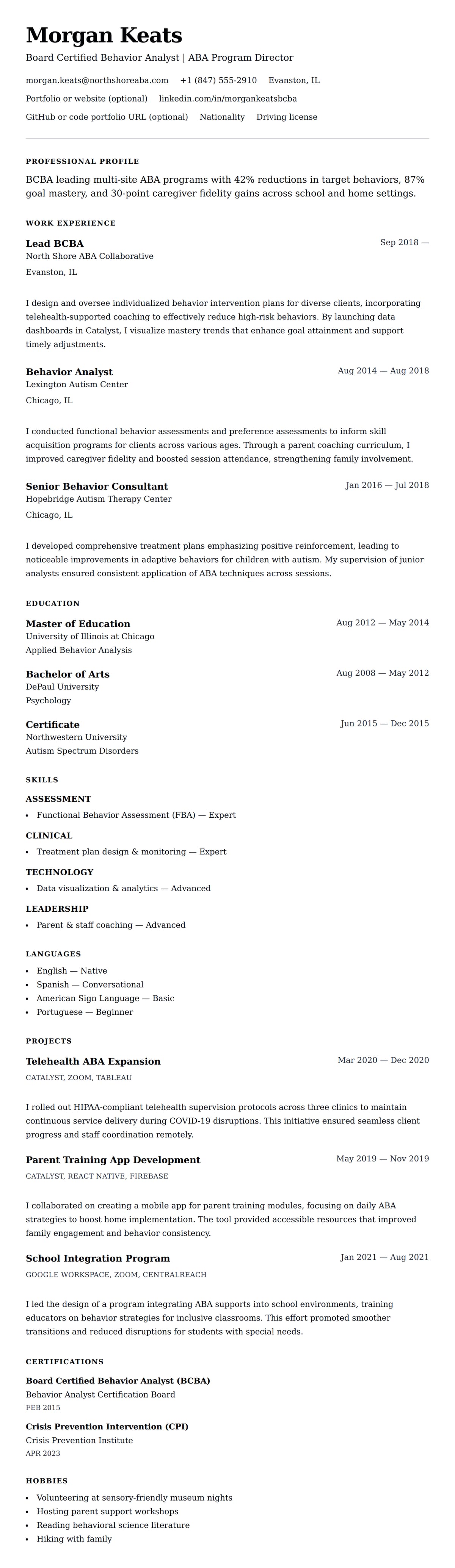 Resume preview for Board Certified Behavior Analyst (BCBA) Resume Example