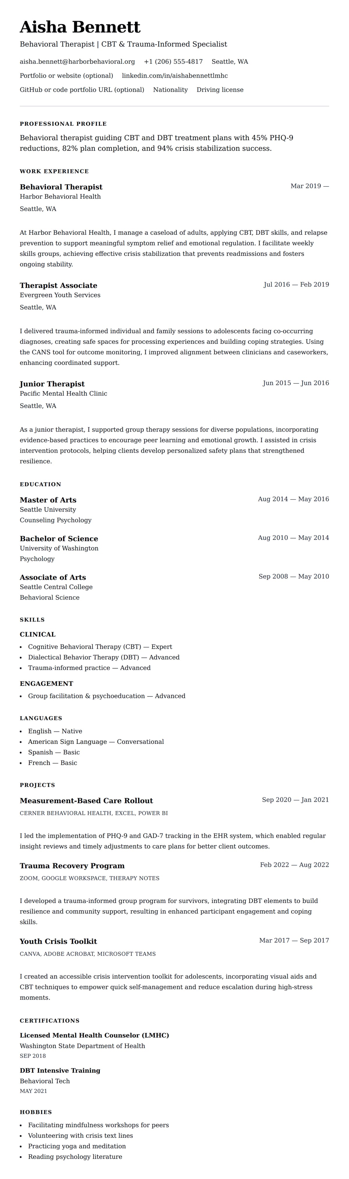 Resume preview for Behavioral Therapist Resume Example