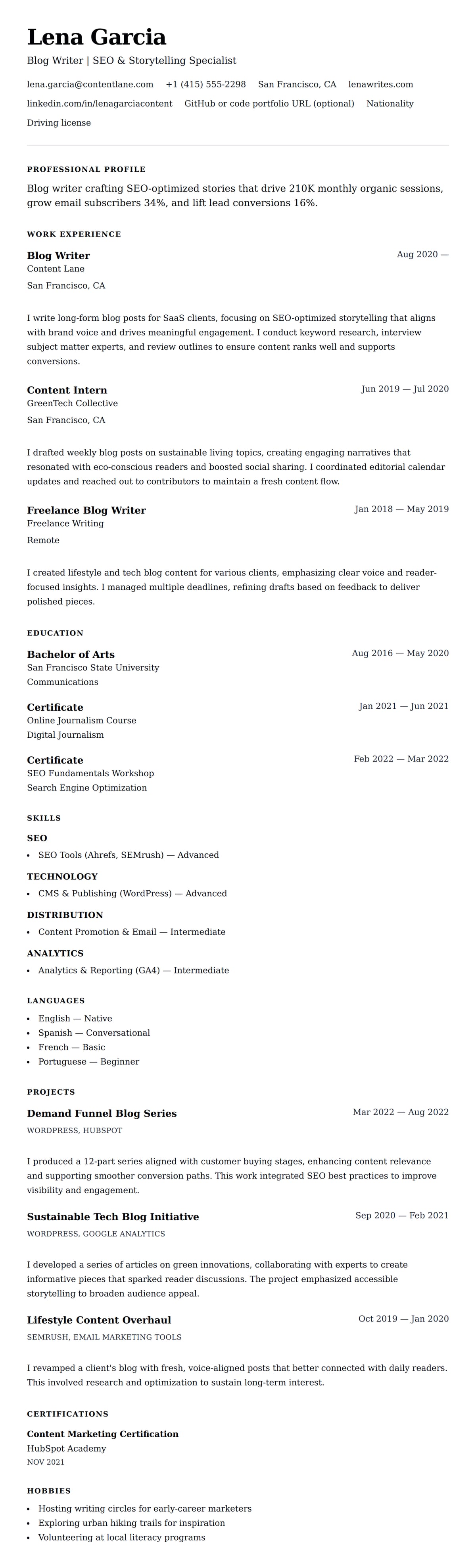 Resume preview for Blog Writer Resume Example