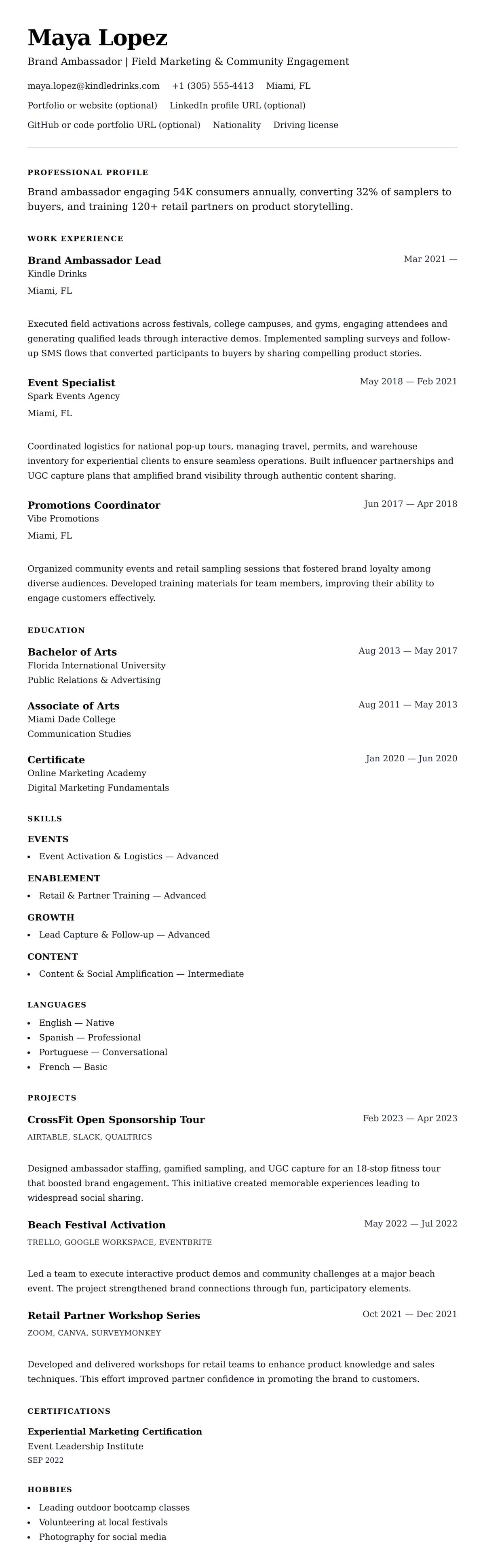 Resume preview for Brand Ambassador Resume Example