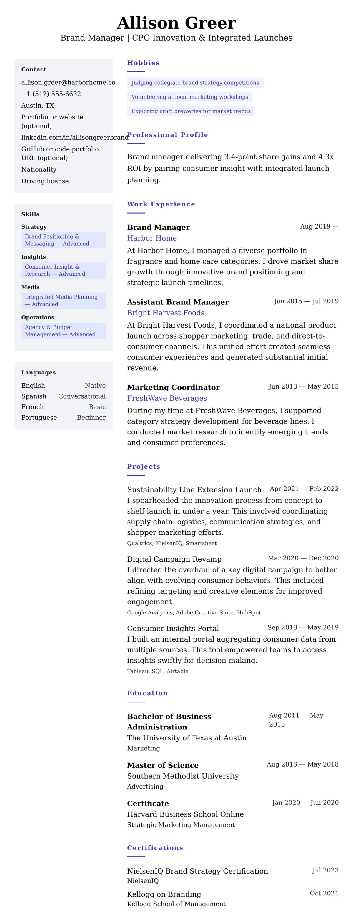 Resume preview for Brand Manager Resume Example