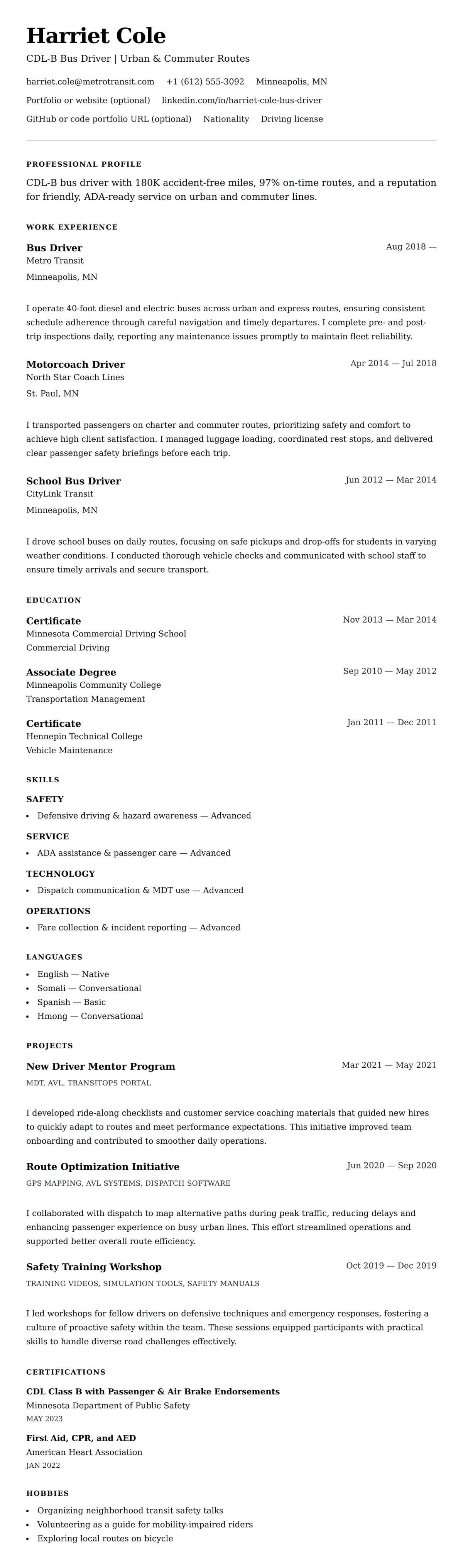 Resume preview for Bus Driver Resume Example