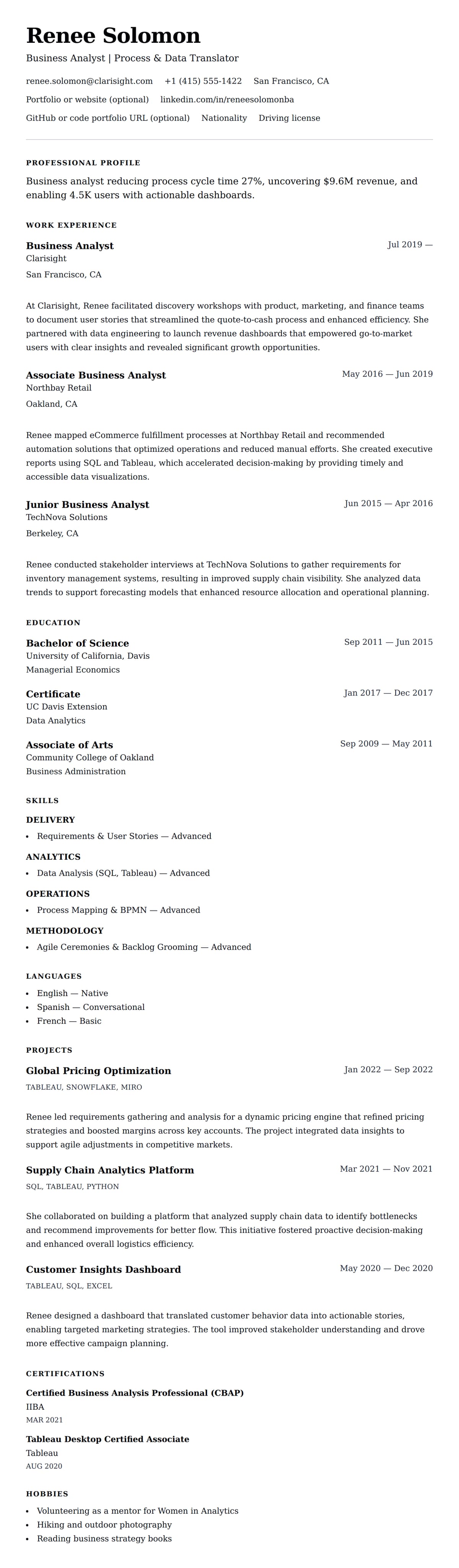 Resume preview for Business Analyst Resume Example