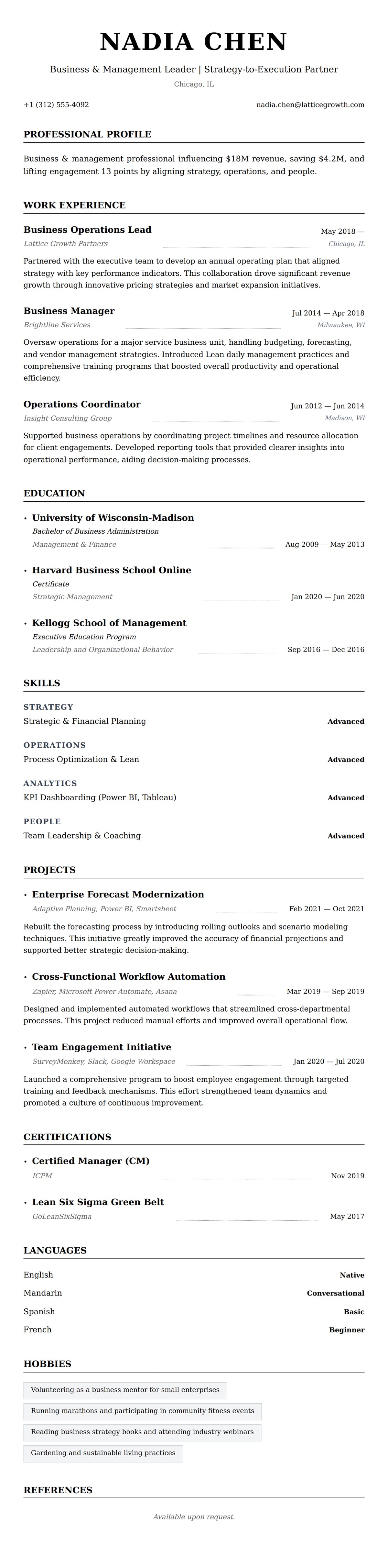 Resume preview for Business & Management Professional Resume Example