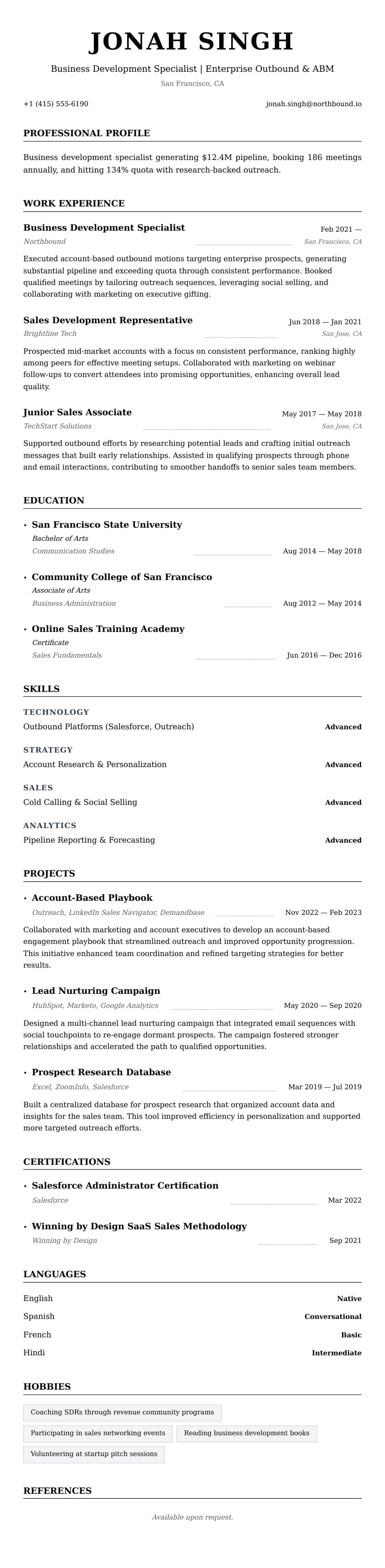 Resume preview for Business Development Specialist Resume Example