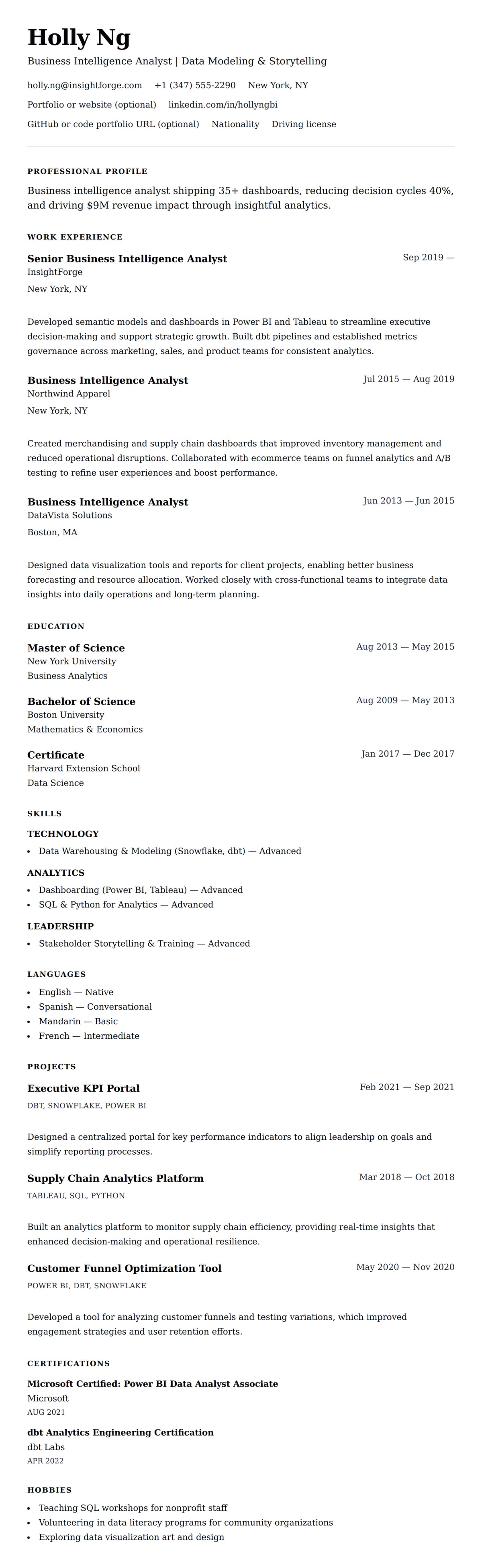 Resume preview for Business Intelligence Analyst Resume Example