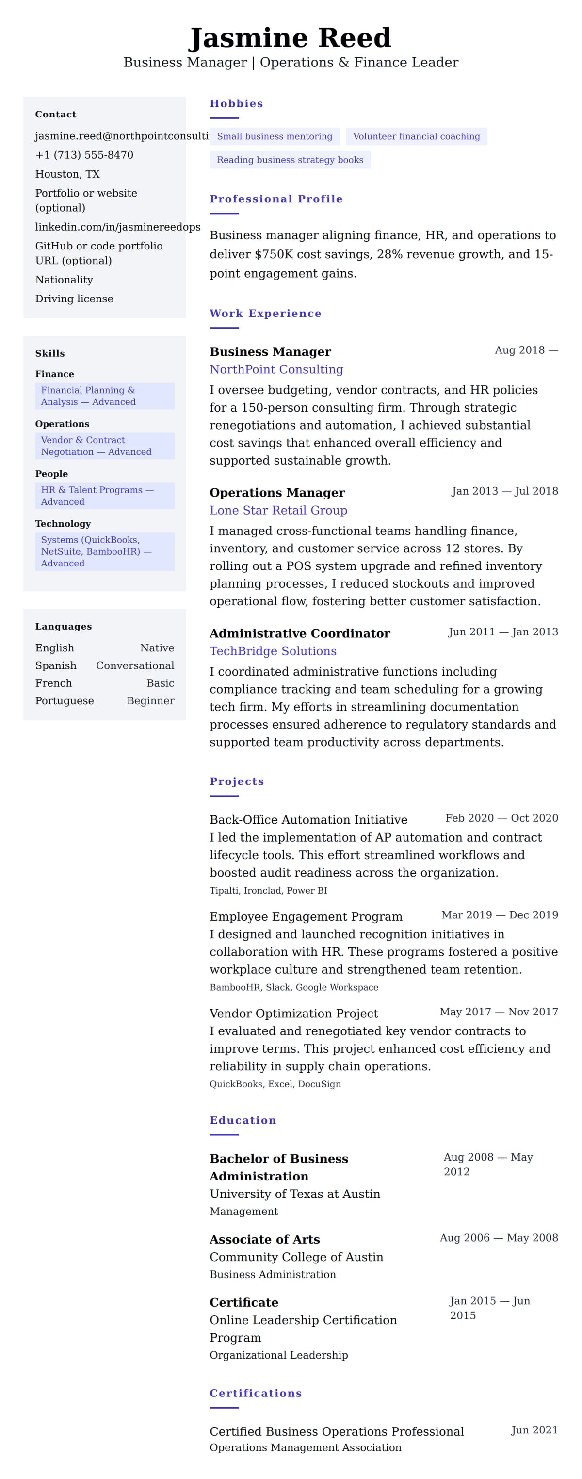 Business Manager Resume Example