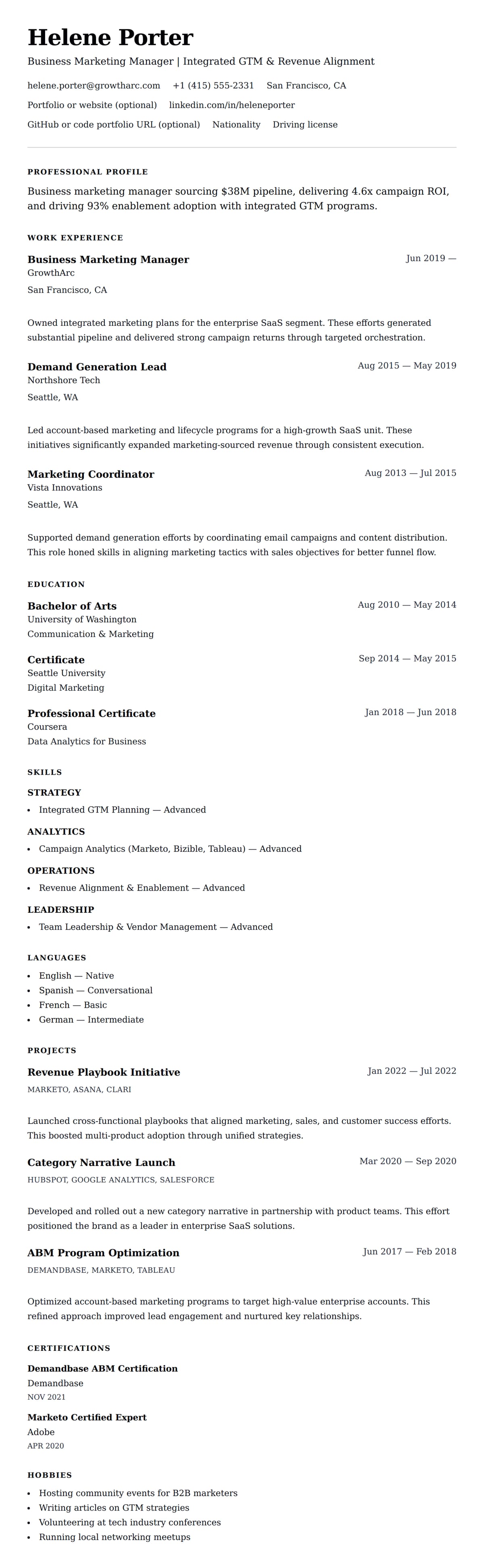Resume preview for Business Marketing Manager Resume Example