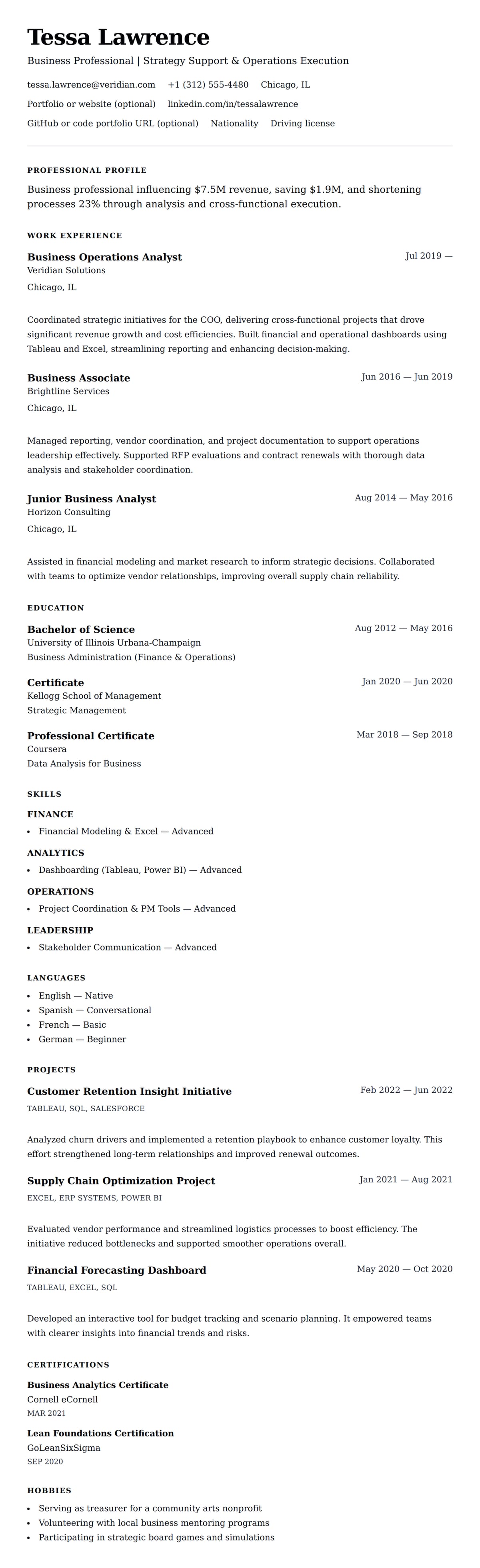 Resume preview for Business Professional Resume Example