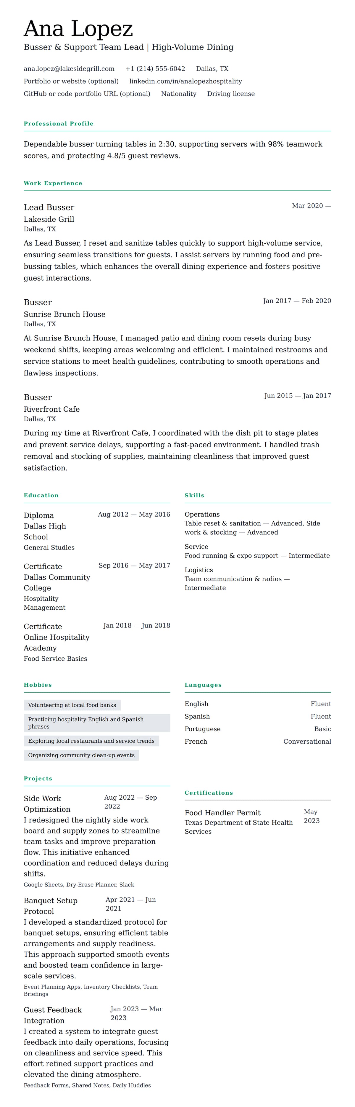 Resume preview for Busser Resume Example