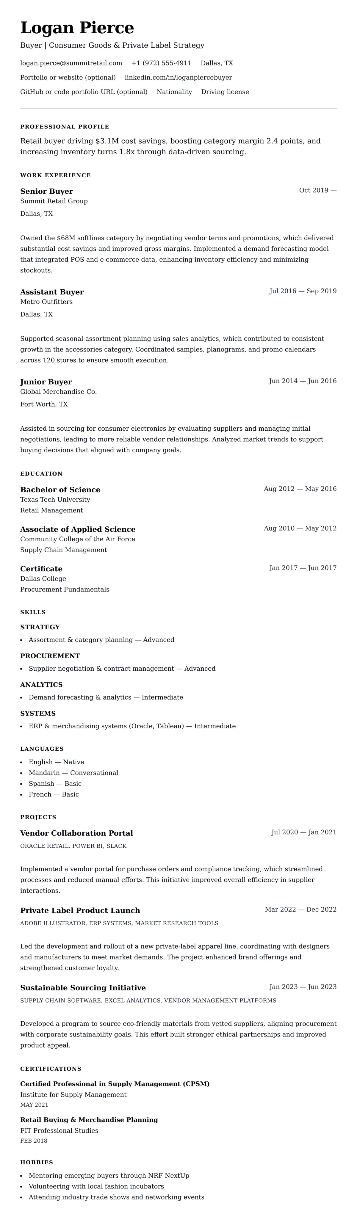 Resume preview for Buyer Resume Example