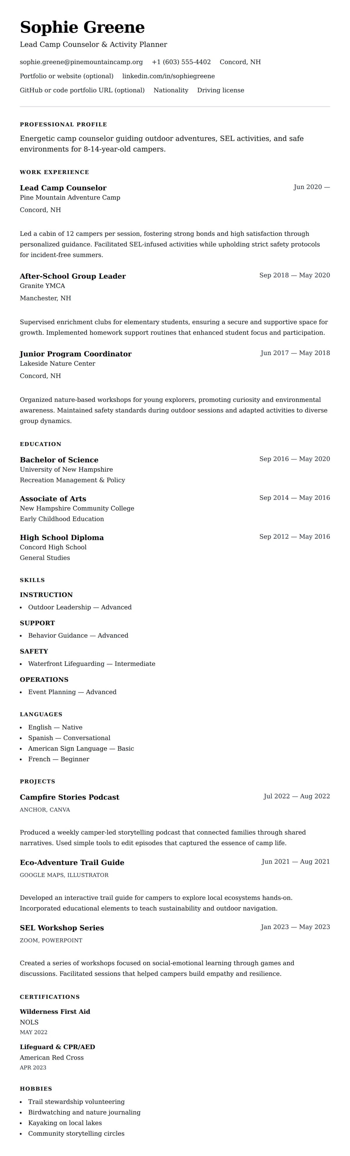 Resume preview for Camp Counselor Resume Example