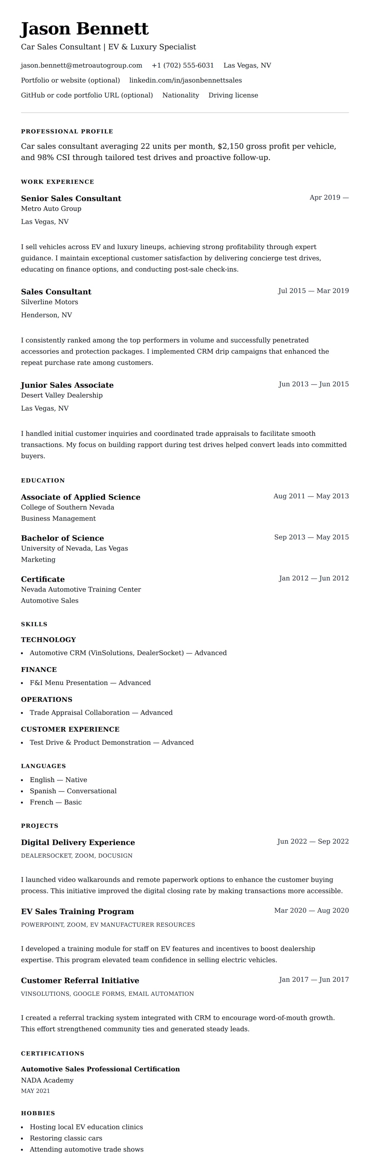 Resume preview for Car Sales Consultant Resume Example