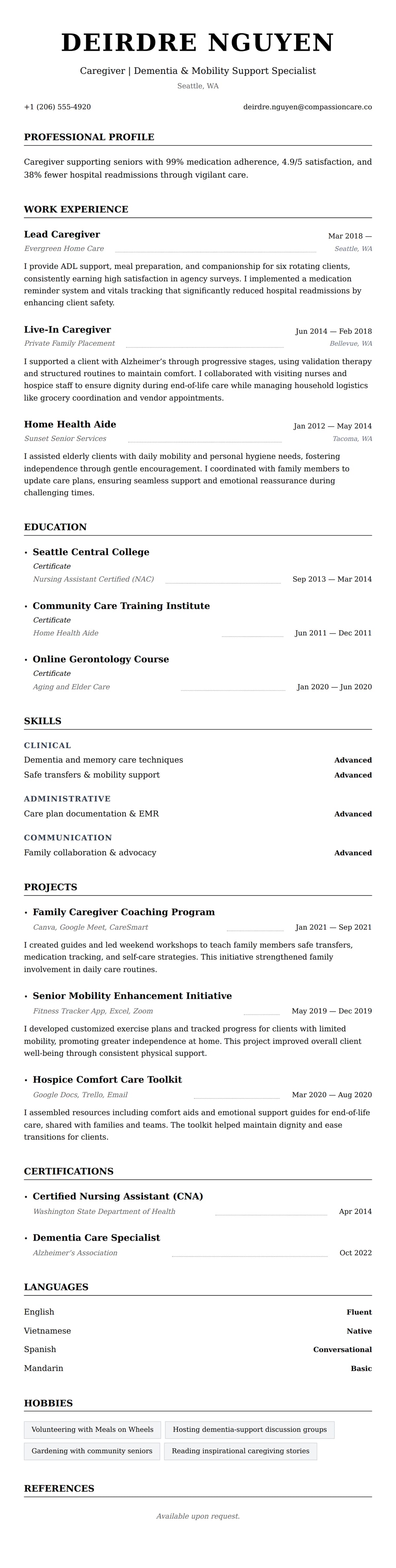 Resume preview for Caregiver Resume Example