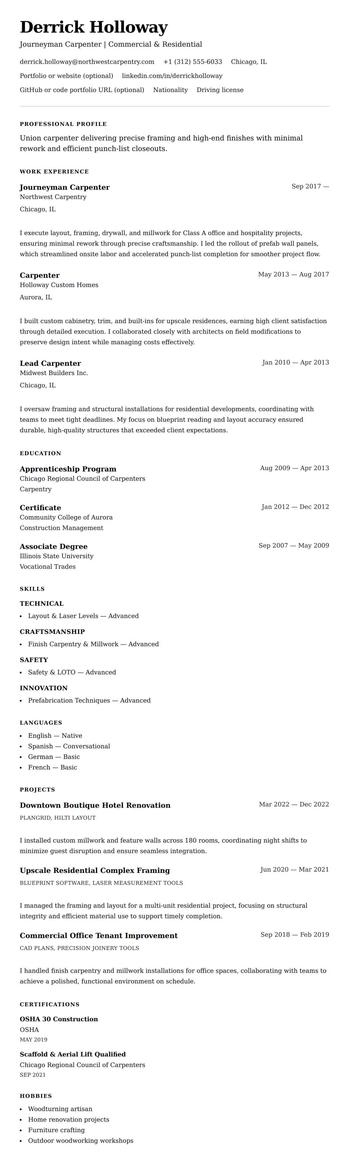 Resume preview for Carpenter Resume Example