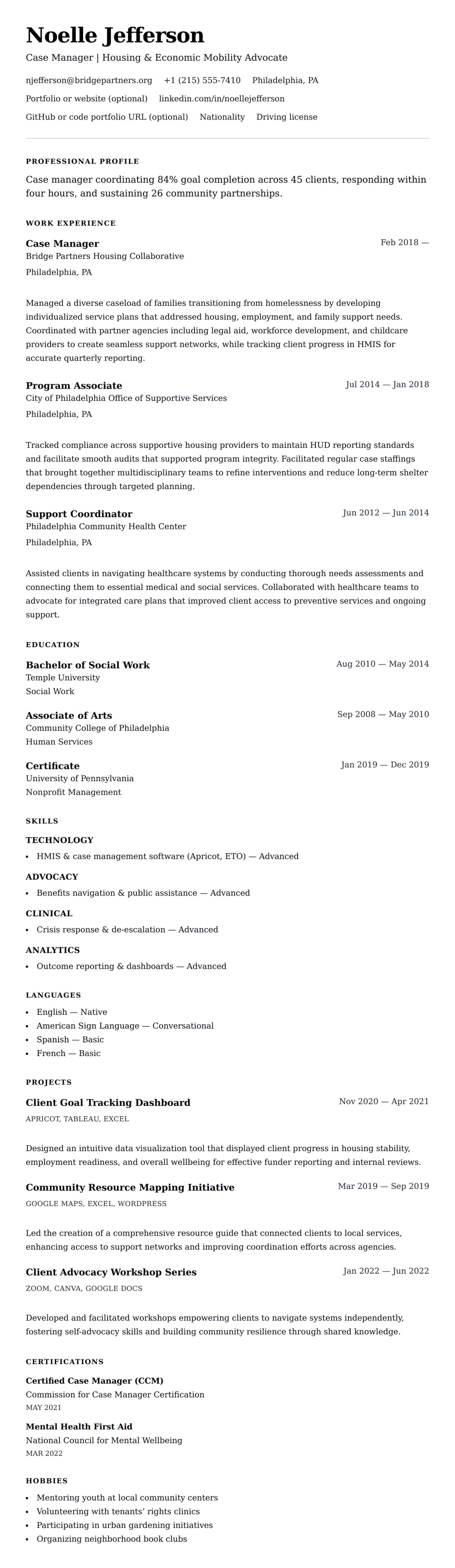Resume preview for Case Manager Resume Example