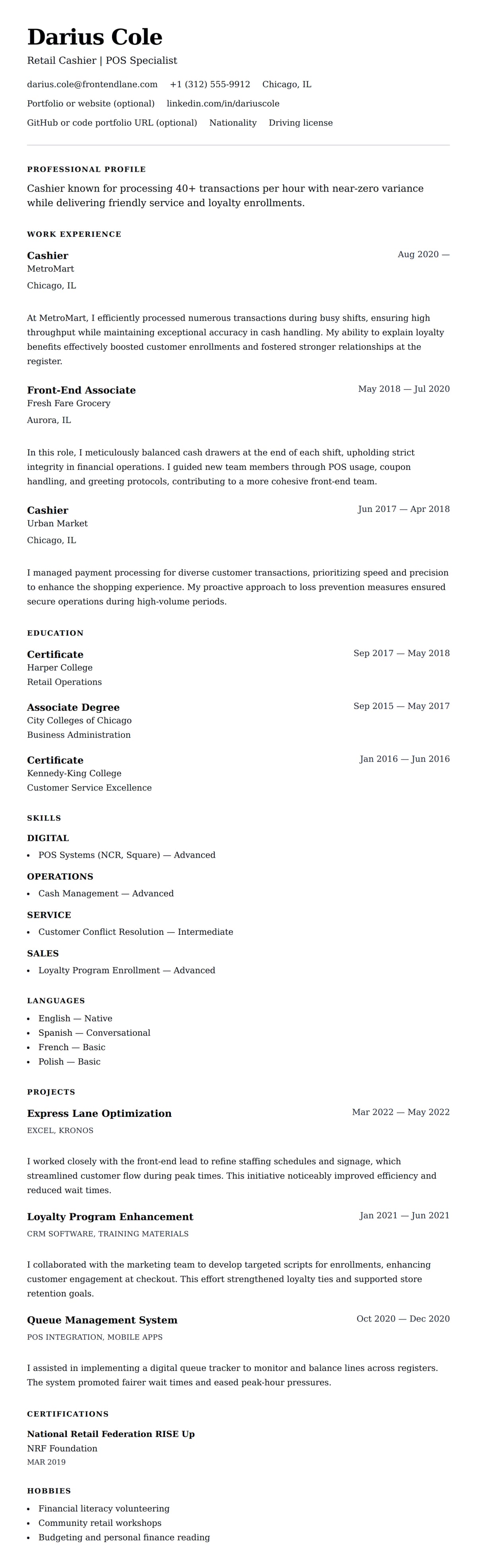 Resume preview for Cashier Resume Example