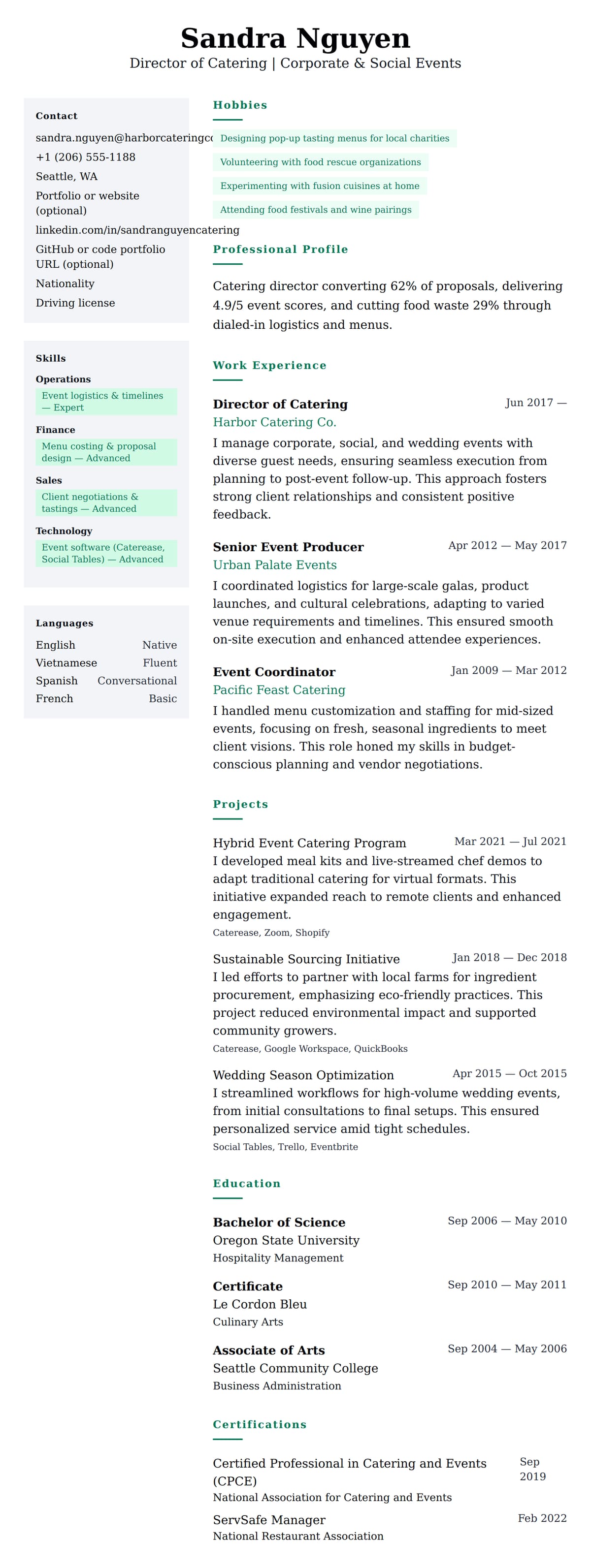 Resume preview for Caterer Resume Example