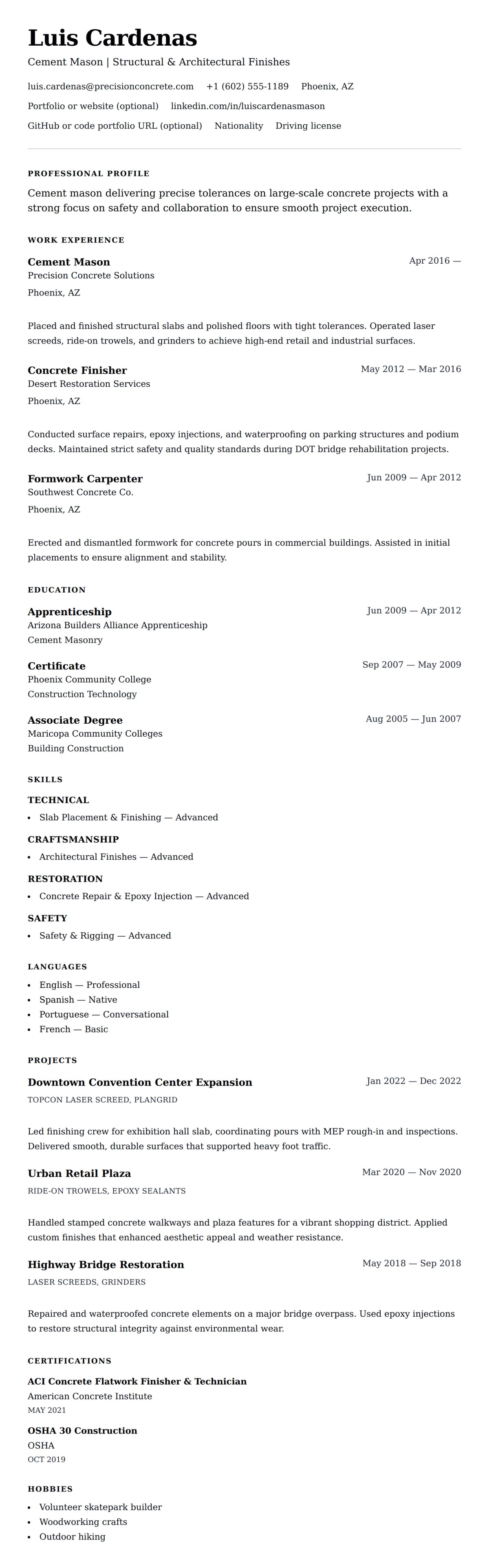 Resume preview for Cement Mason Resume Example
