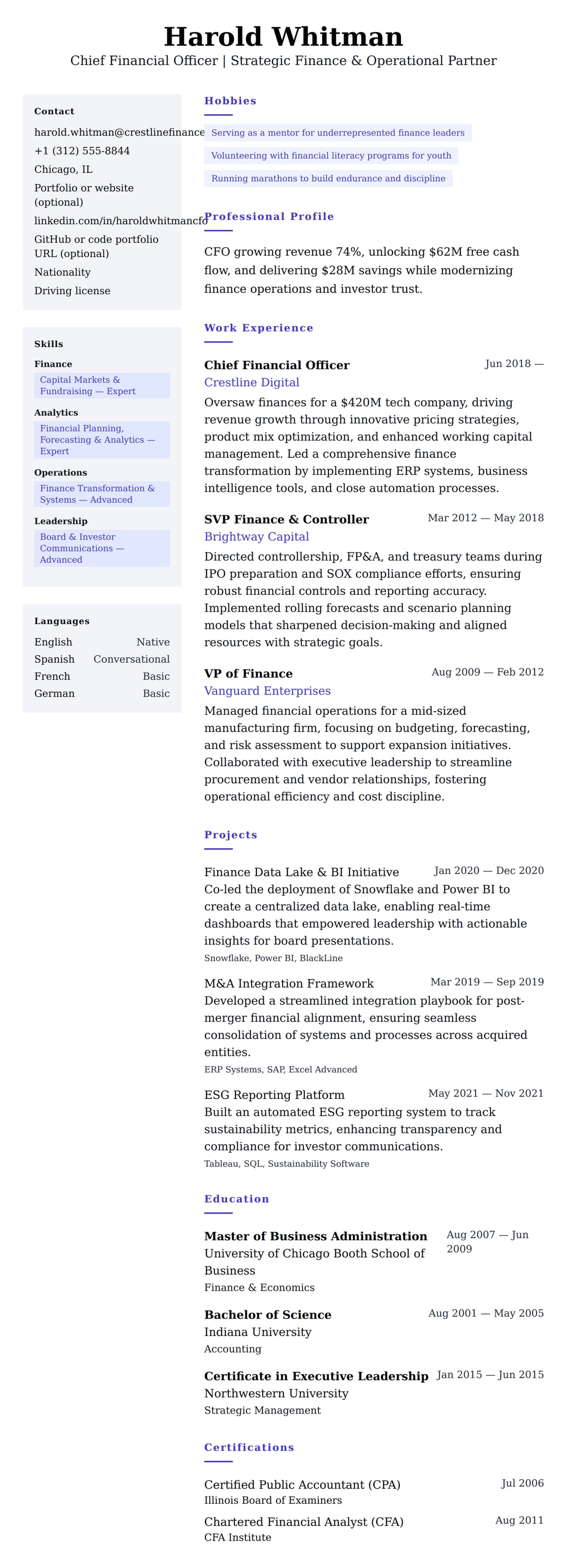 Resume preview for Chief Financial Officer Resume Example