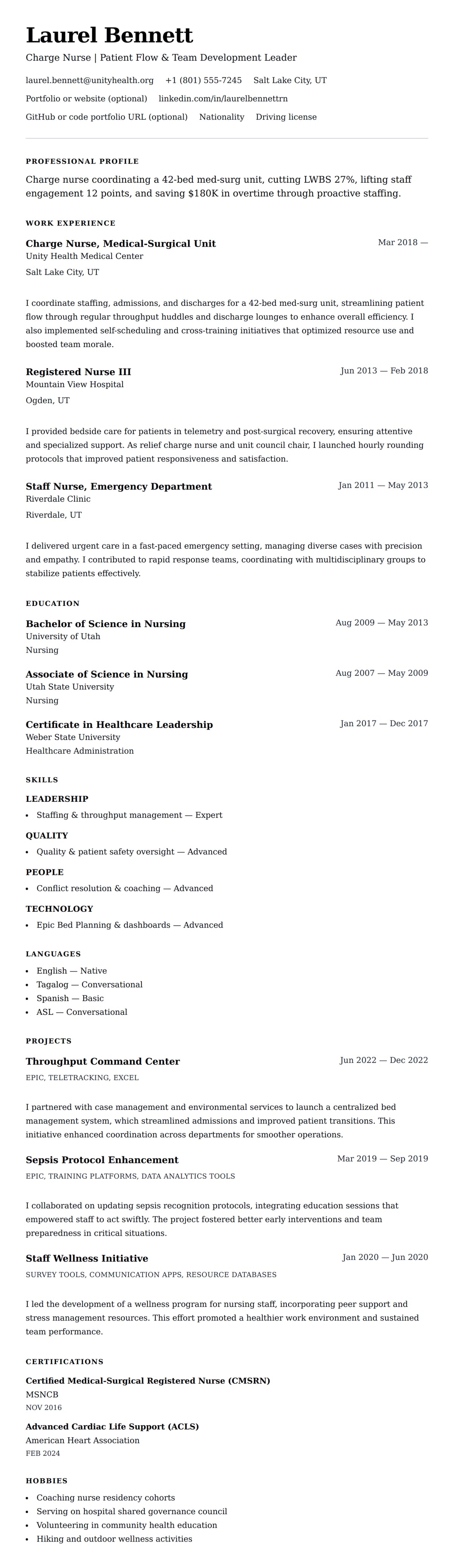 Resume preview for Charge Nurse Resume Example