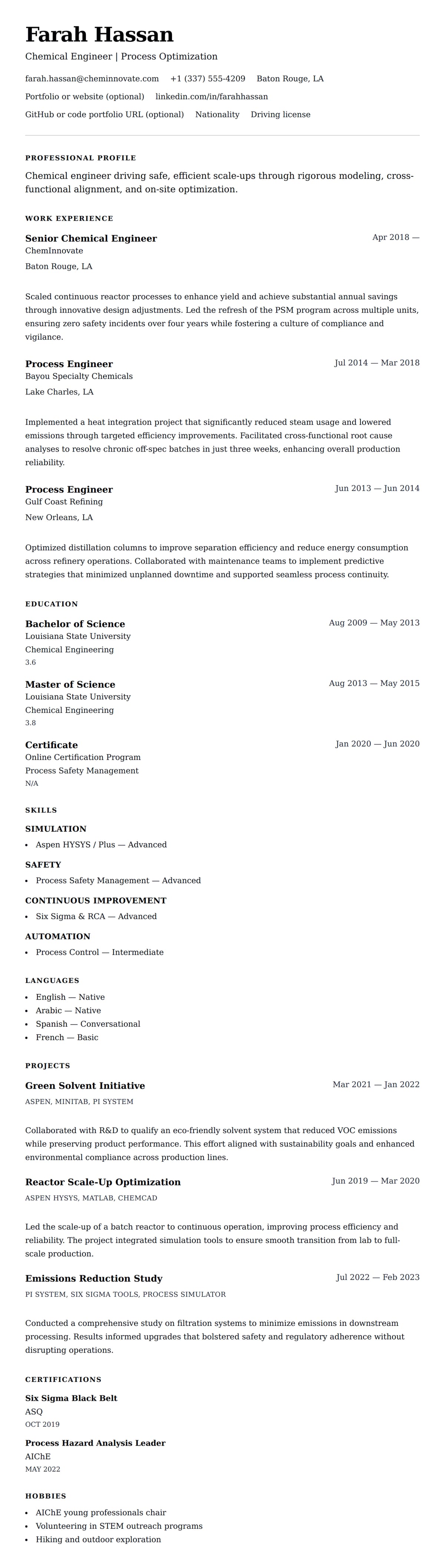 Resume preview for Chemical Engineer Resume Example