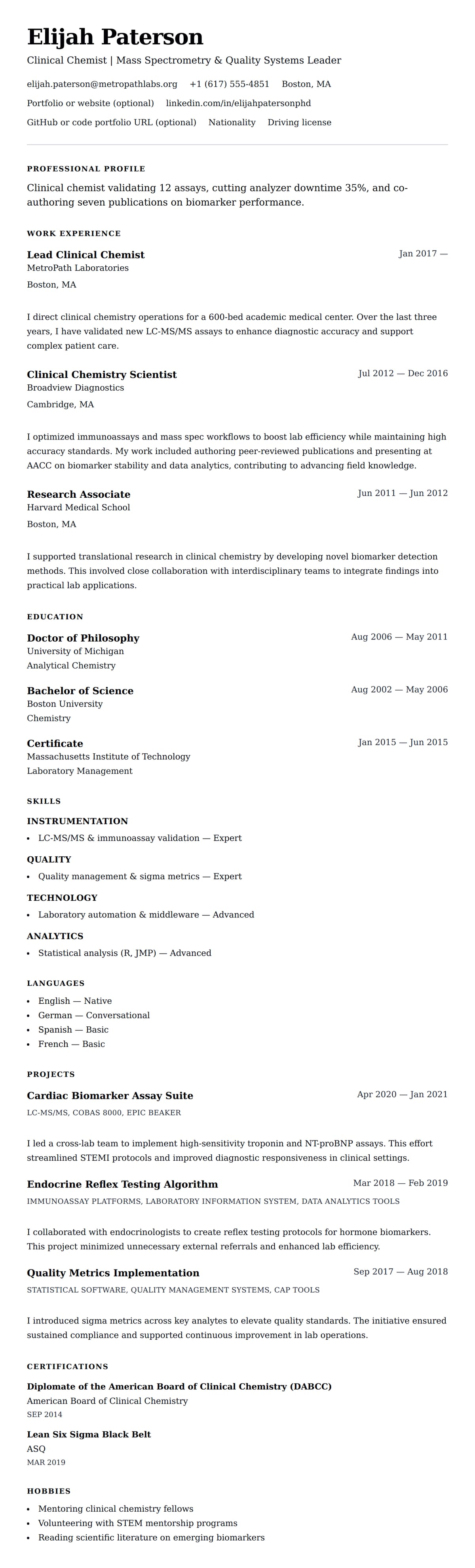 Resume preview for Clinical Chemist Resume Example