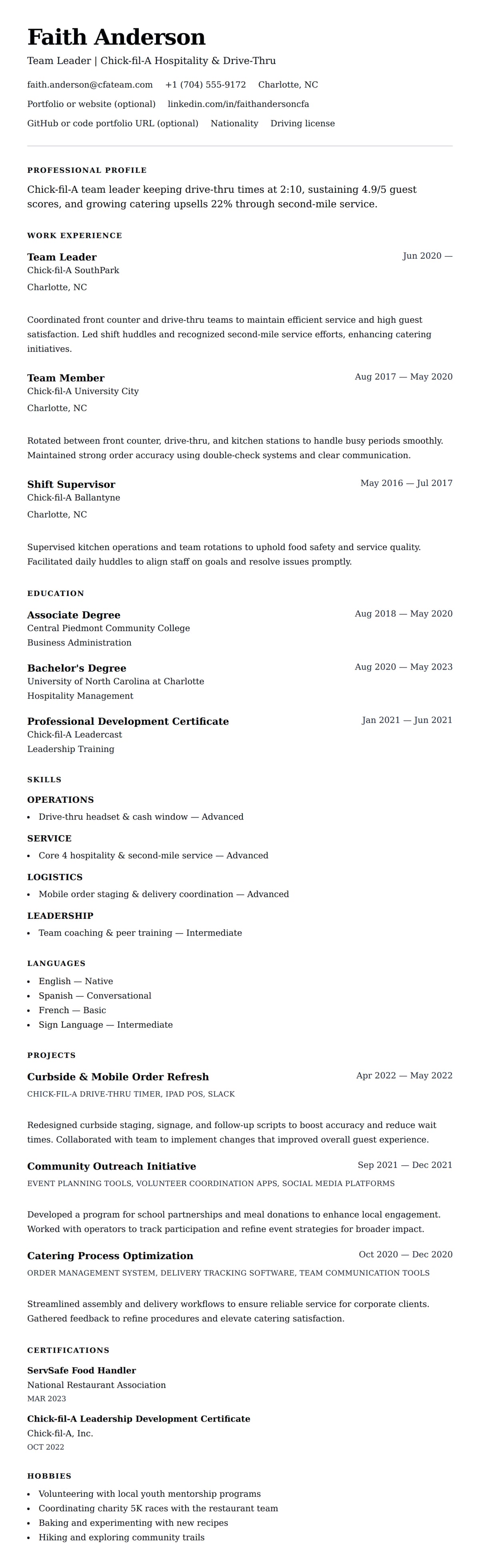 Resume preview for Chick-fil-A Team Member Resume Example