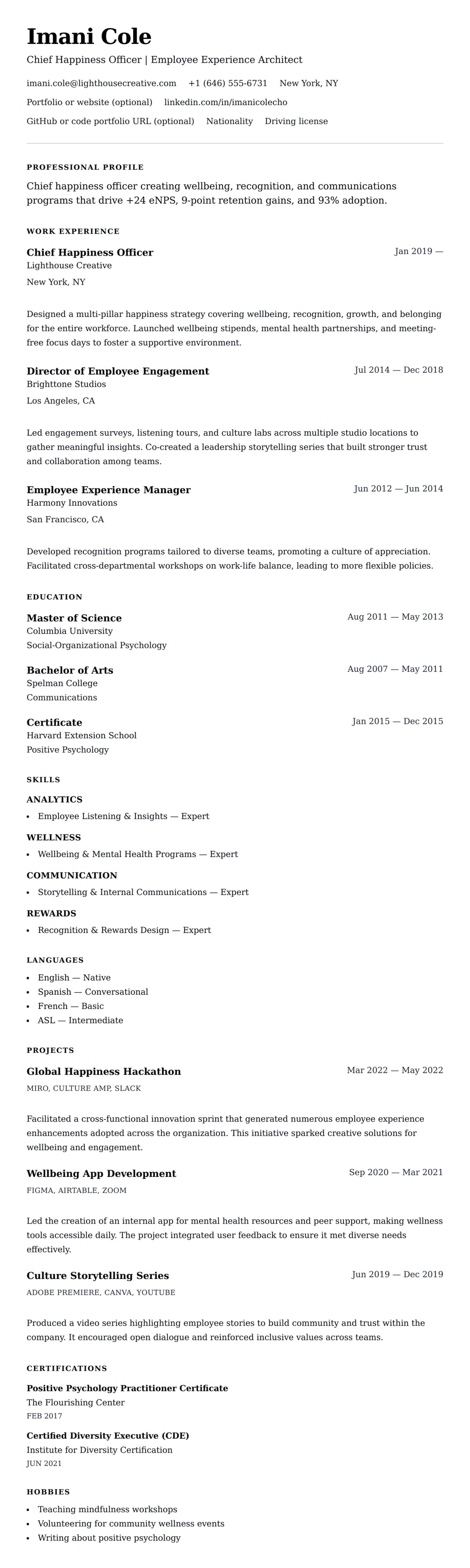 Resume preview for Chief Happiness Officer (CHO) Resume Example