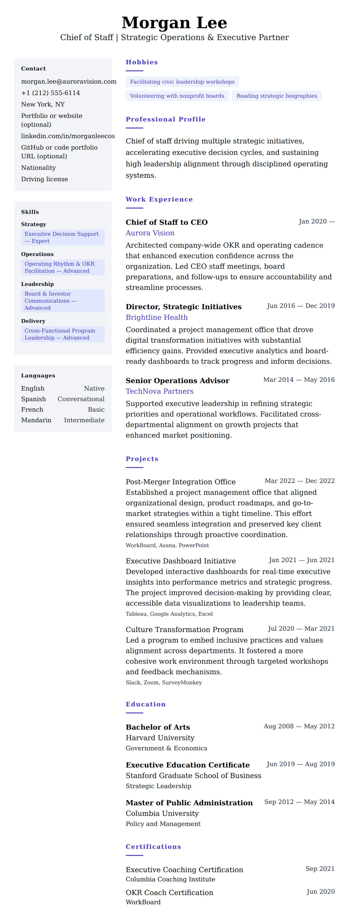 Resume preview for Chief of Staff Resume Example