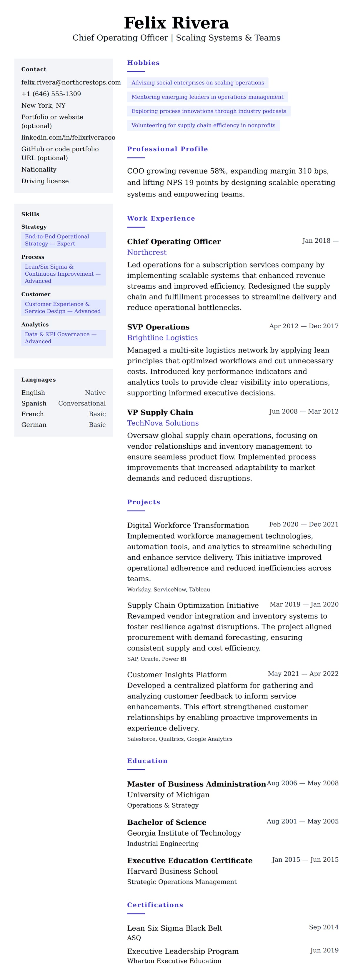 Resume preview for Chief Operating Officer Resume Example