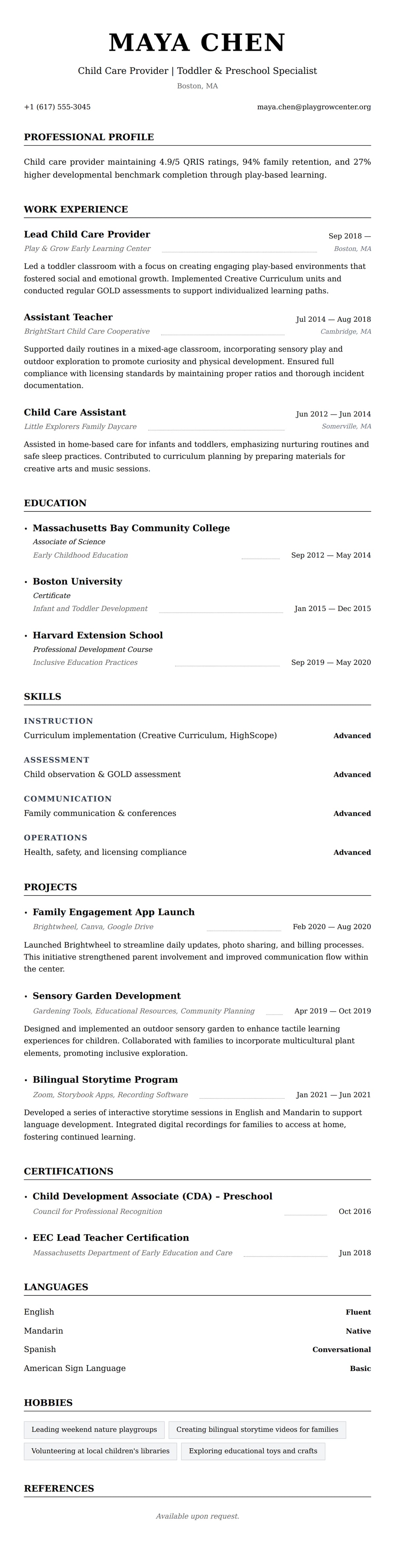 Resume preview for Child Care Provider Resume Example