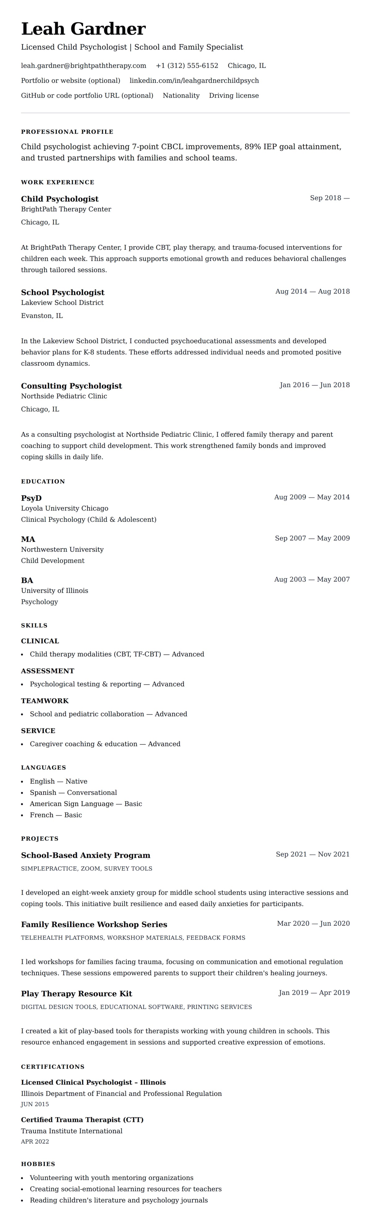 Resume preview for Child Psychologist Resume Example