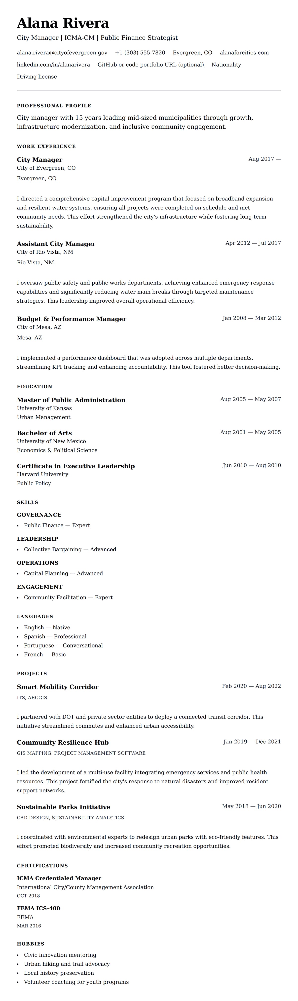 Resume preview for City Manager Resume Example
