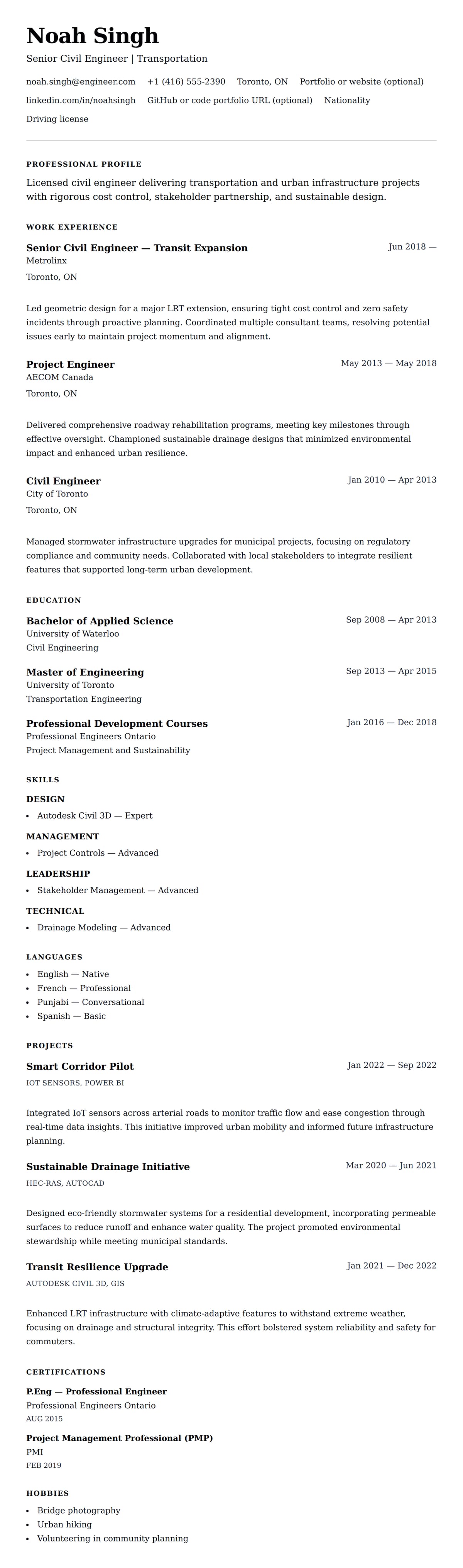 Resume preview for Civil Engineer Resume Example