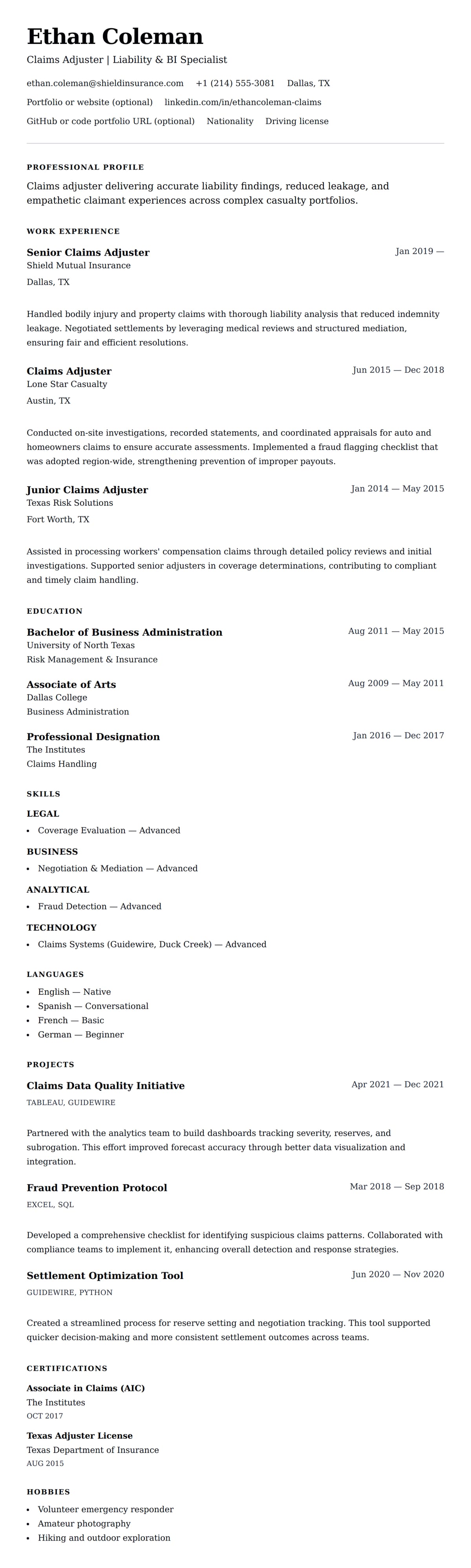 Resume preview for Claims Adjuster Resume Example