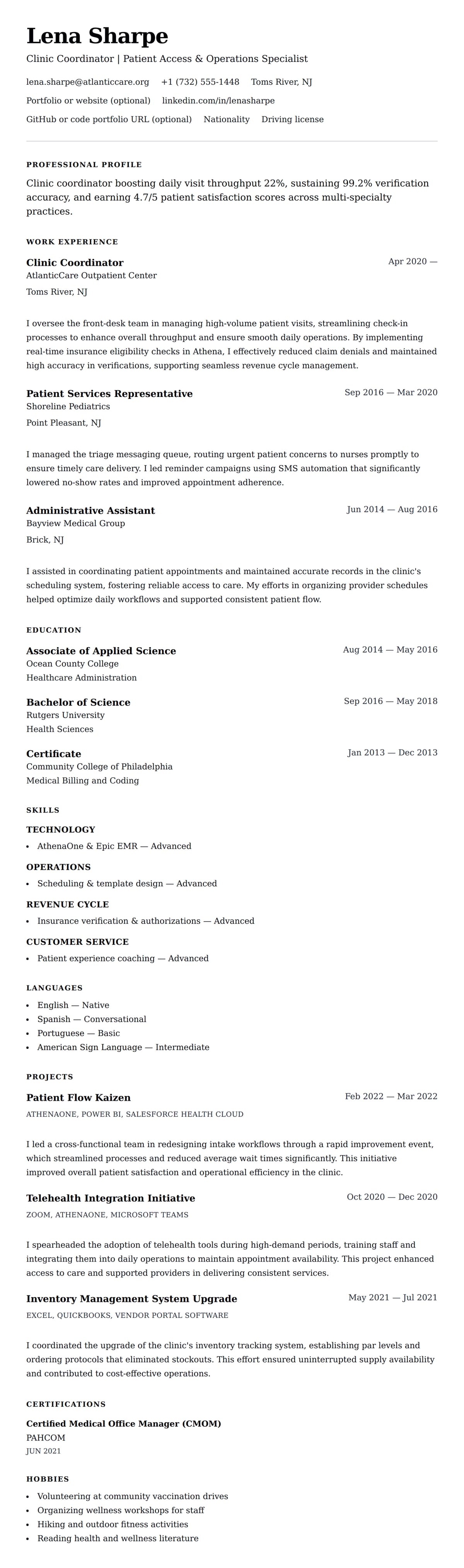 Resume preview for Clinic Coordinator Resume Example