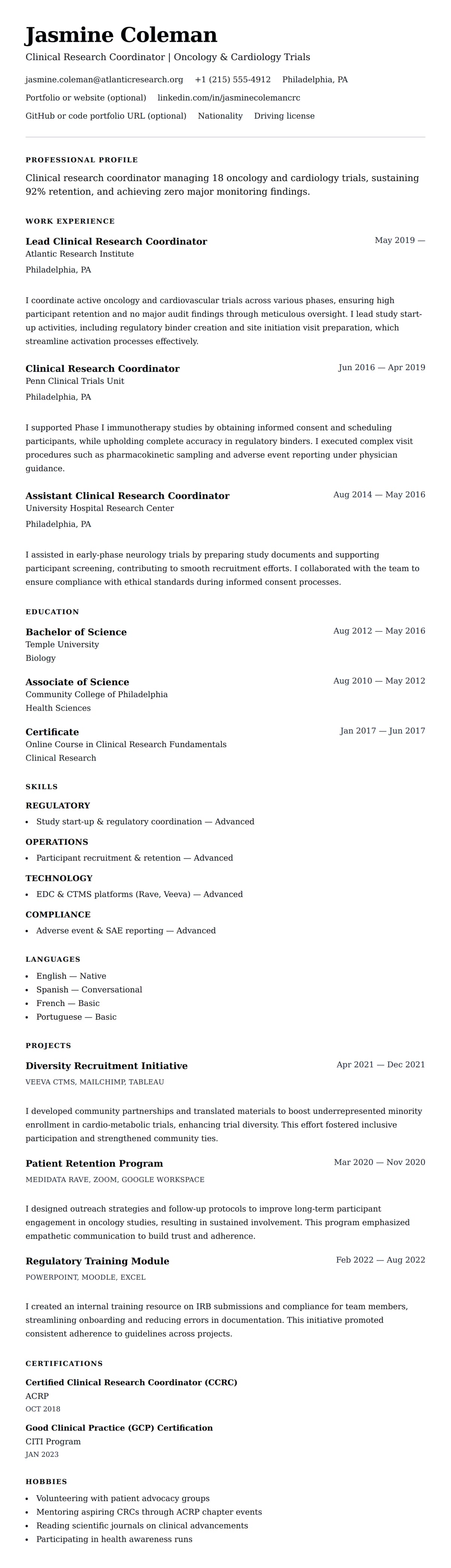 Resume preview for Clinical Research Coordinator Resume Example